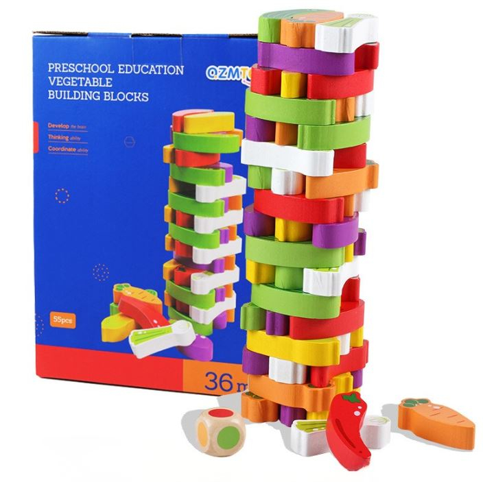 Joc Jenga din lemn cu legume, turn de echilibru - multicolor