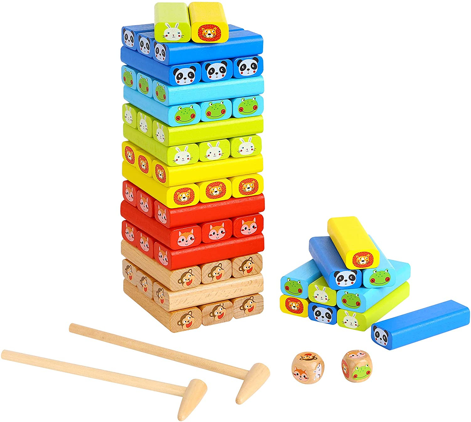 Joc Jenga si Domino din lemn - multicolor 4-in-1 pentru copii 3 ani+