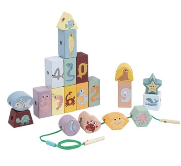 Joc Montessori cu Cuburi de Lemn de Construit si Snuruit, Animale si Cifre