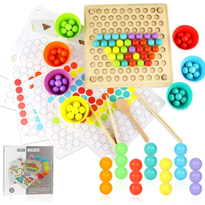Joc Montessori de Indemanare si Asociere Culori, Bead Holder, din Lemn