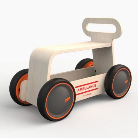 Jucarie din lemn 3 in 1 Ambulanta DriveMe Wood: masinuta ride-on, premergator si carucior de jucarii MamaToyz - poza 4