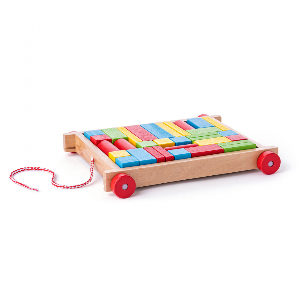Jucarie din lemn , Carucior cu cuburi, set constructie 34 piese