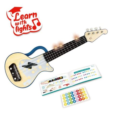 Jucarie din lemn - Instrument Ukulele (chitara) albastru - invata sa canti cu lumini - poza 1