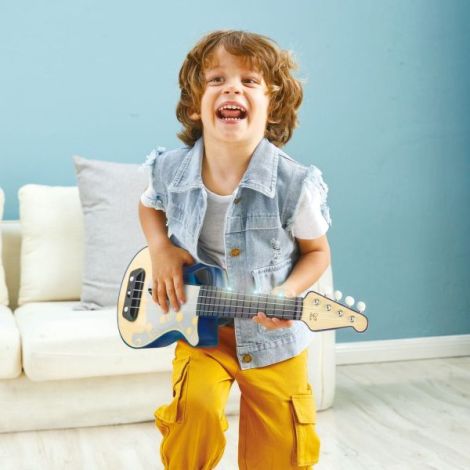 Jucarie din lemn - Instrument Ukulele (chitara) albastru - invata sa canti cu lumini - poza 4