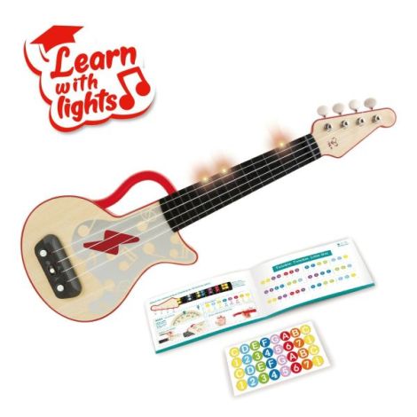 Jucarie din lemn - Instrument Ukulele (chitara) rosu - invata sa canti cu lumini - poza 1
