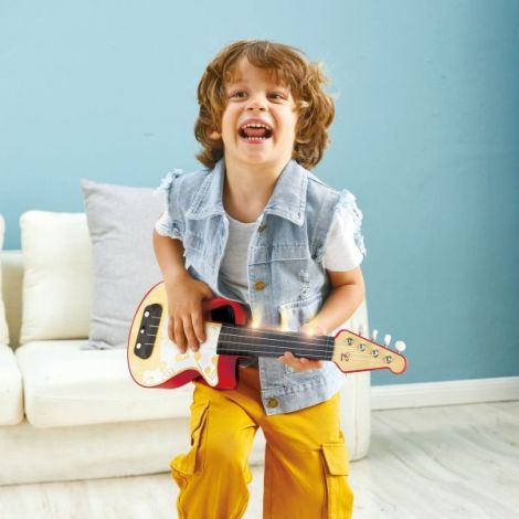 Jucarie din lemn - Instrument Ukulele (chitara) rosu - invata sa canti cu lumini - poza 2