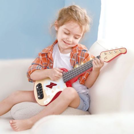 Jucarie din lemn - Instrument Ukulele (chitara) rosu - invata sa canti cu lumini - poza 3