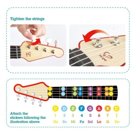 Jucarie din lemn - Instrument Ukulele (chitara) rosu - invata sa canti cu lumini - poza 4