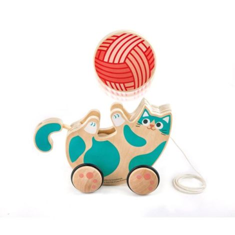 Jucarie din lemn - Pisicuta cu ghem de tras - poza 1