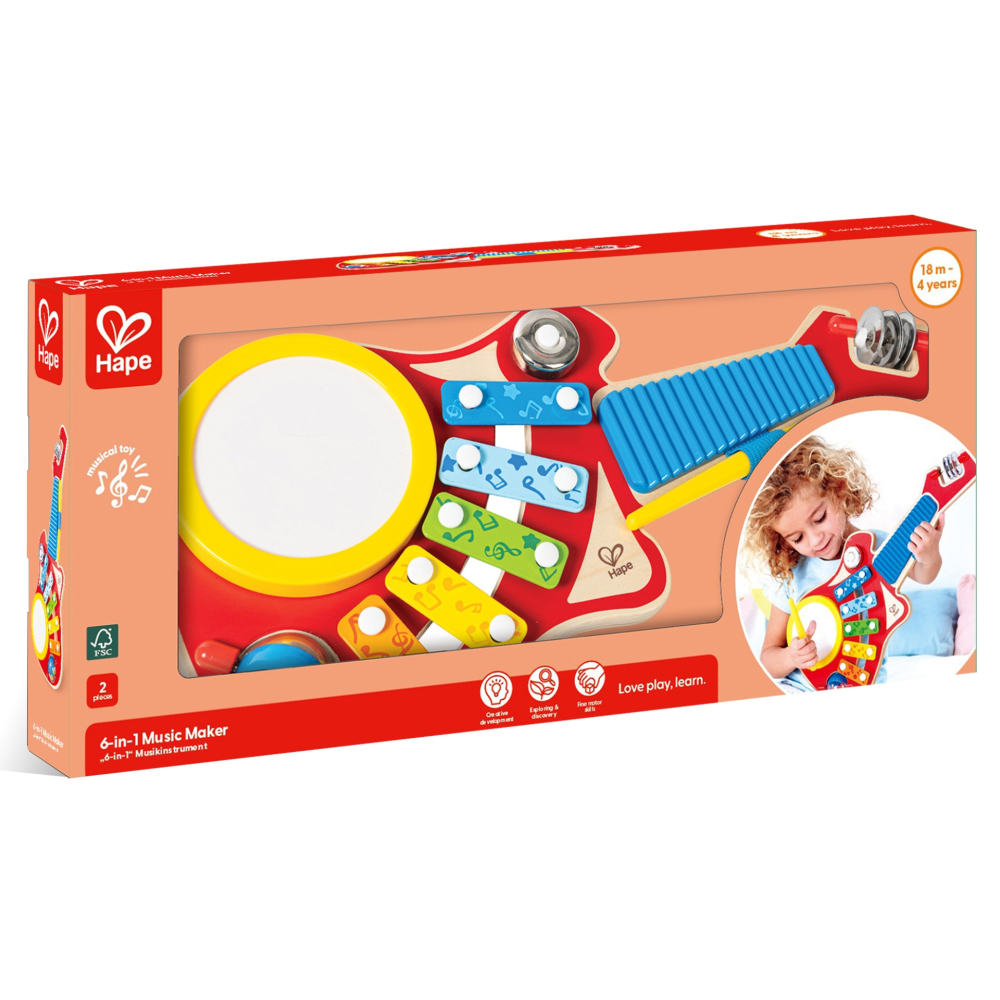 Jucarie din lemn , Set muzical 6 in 1 tip chitara (instrument multifunctional copii)