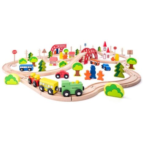 Jucarie din lemn - Set tren cu pod si bariera (90 piese) - poza 1