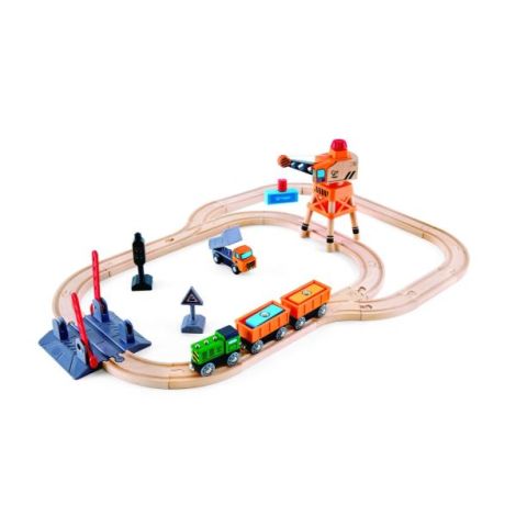 Jucarie din lemn - Set tren de marfa cu macara (34 piese) - poza 1
