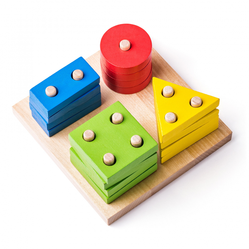 Jucarie din lemn , Tabla de sortat si stivuit forme geometrice