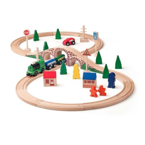 Jucarie din lemn - Tren cu cale ferata in forma de 8 si locomotiva cu baterie - poza 1