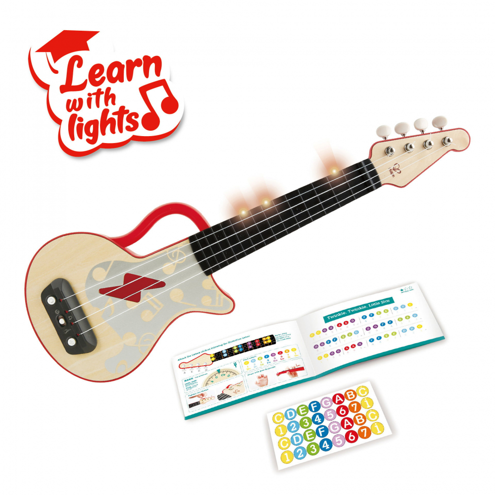 Jucarie din lemn , Ukulele rosu cu lumini, pentru copii (invata sa canti)