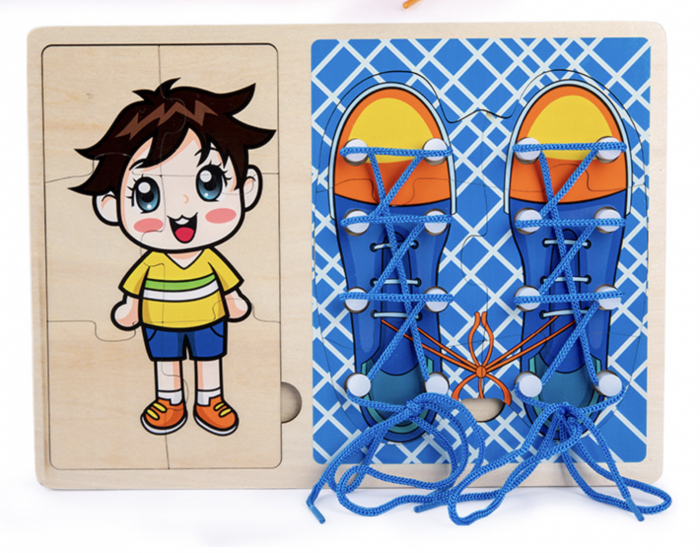 Jucarie Montessori 2 in 1, Puzzle baietel si Invata Sa Legi Sireturile, bleu