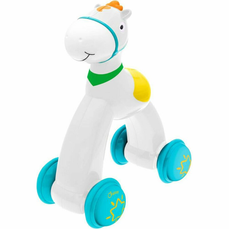 Jucarie push-go, Chicco, Cal, Cu roti, Design colorate si atragator, Emite sunete la utilizare, 12-36 luni, 18 x 11 x 26 cm, Alb