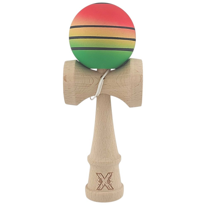 Kendama X Rubber Grip 18 cm, verde-galben- rosu cu dungi negre, din lemn