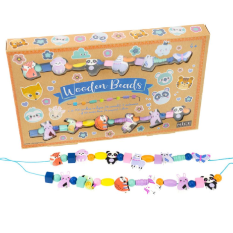 Kit creativ DIY - coliere si bratari cu margele din lemn , 12 animale de padure - poza 1