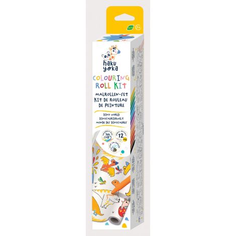 Kit rola de desenat 3 m si 12 creioane colorate cerate, Haku Yoka - Dinozauri - poza 1