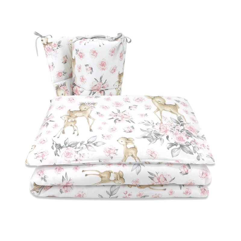 Lenjerie patut cu 3 piese, MimiNu, Pentru patut 120x60 cm, Cu protectie laterala, Din bumbac certificat Oeko Tex Standard 100, Sweet Deer Pink