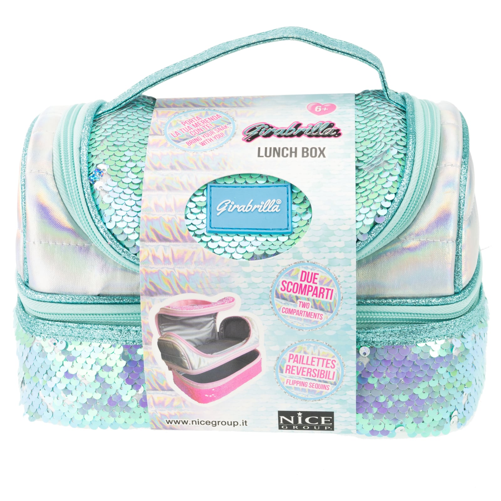Lunch box Girabrilla - cutie termica matlasata cu paiete reversibile si interior impermeabil Tiffany