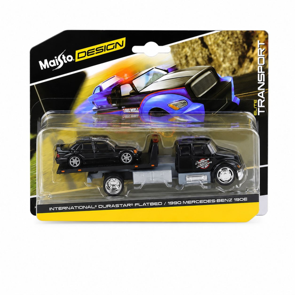 MAISTO DESIGN ELITE TRANSPORT SET CAMION CU RAMPA INTERNATIONAL DURASTAR FLATBED SI MASINUTA MERCEDES BENZ 190E 1990 SCARA 1 LA 64