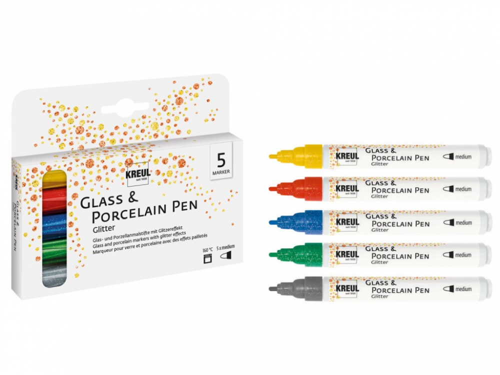 Markere pentru sticla si portelan Kreul Glitter Medium 5 buc set