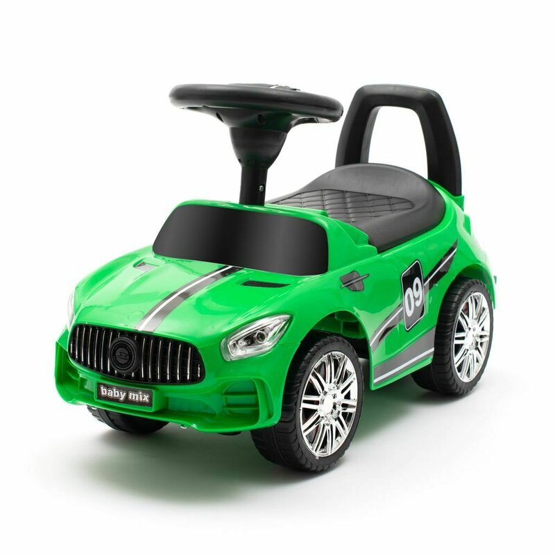 Masinuta de impins, Baby Mix, Racer, Pana la 25 kg, Cu volan, Cu sunete, Cu suport jucarii sub sezut si spatar confortabil, 12 luni+, Green
