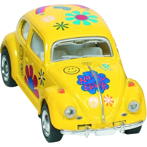 Masinuta Die Cast VW Beetle Classic, scara 1:64, lungime 6,5cm, cu print floral, galbena