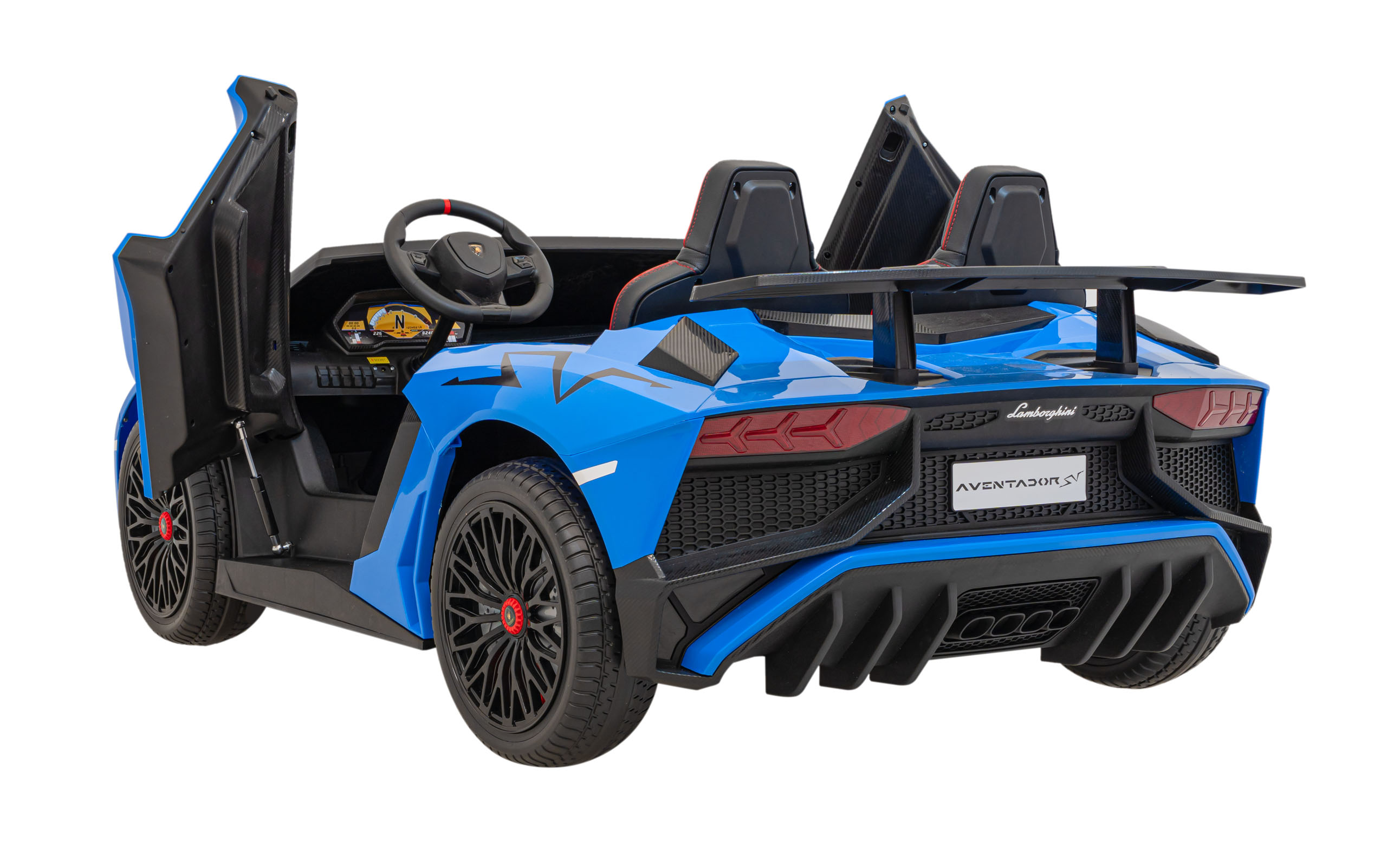 Masinuta electrica pentru copii mari Lamborghini Aventador SV, 2 locuri cu sarcina pana la 100kg si viteza max 15km/h (8803) Albastru - Autokids.ro - poza 2