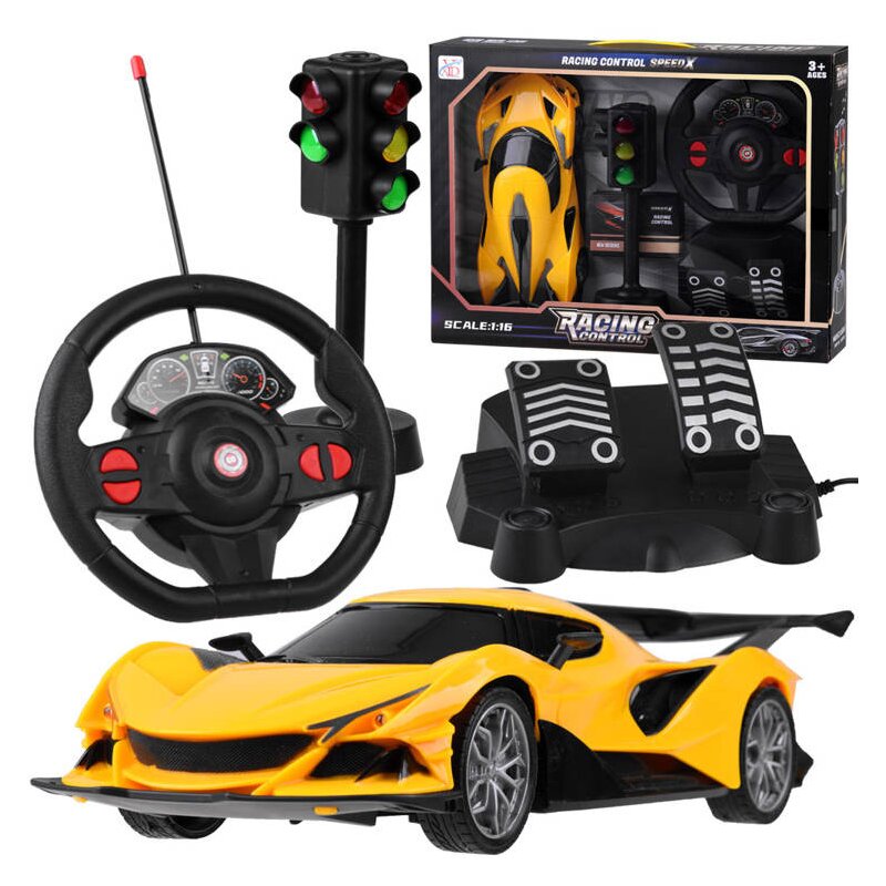 Masinuta, Jokomisiada, Sport, Cu telecomanda in forma de volan, Cu lumini, Cu semafor, 3 ani+, Yellow
