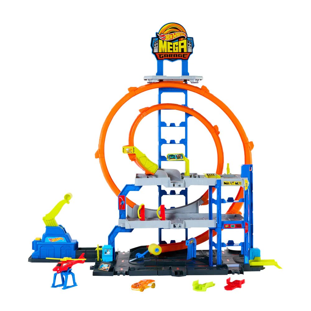 Mega garaj Hot Wheels Mega Loop 65 cm cu masinuta si elicopter - poza 2