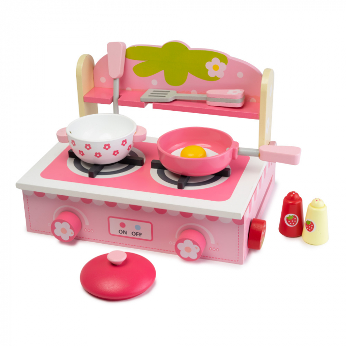 Mini Set de Bucatarie din Lemn cu Floricele - 10 Piese Montessori