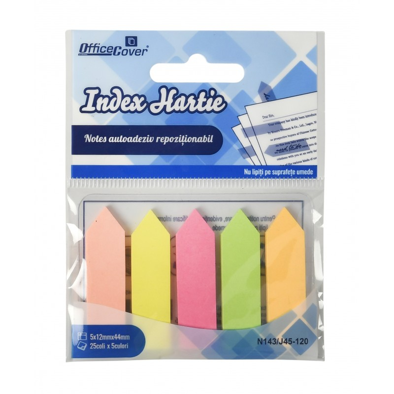 Notes adeziv index Office Cover JP45-120, 12 x 44 mm, 125 coli, 5 culori neon, varf sageata