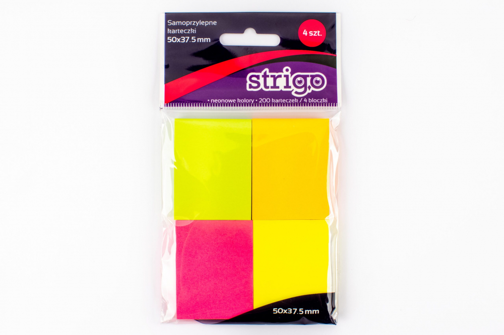 Notite Adezive Strigo, 4 Paduri Neon, 50A 37.5 mm, 200 File