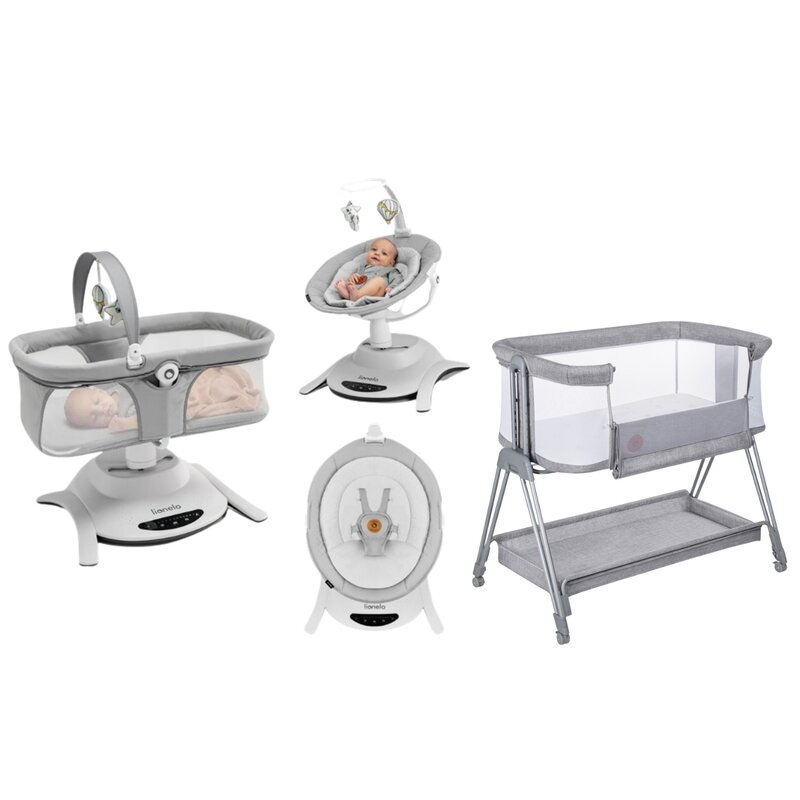 Pachet complet pentru primele zile, Balansoar si landou, Lionelo, Bella, 2 in 1, Rotire 360 grade, Scaun reglabil, 6 miscari unice + Patut co-sleeper, Lionelo, Luna, 2 in 1, Cu laterala culisanta, Cu setare unghiulara, Gri