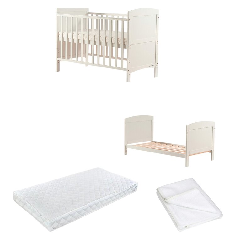 Pachet Patut din lemn bebe, 120x60 cm, Transformabil, FreeON, Lory, Saltea 120x60x12 cm si protectie impermeabila