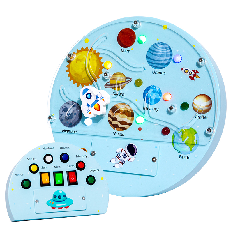 Panou activitati Montessori cu comutator LED - tema spatiu