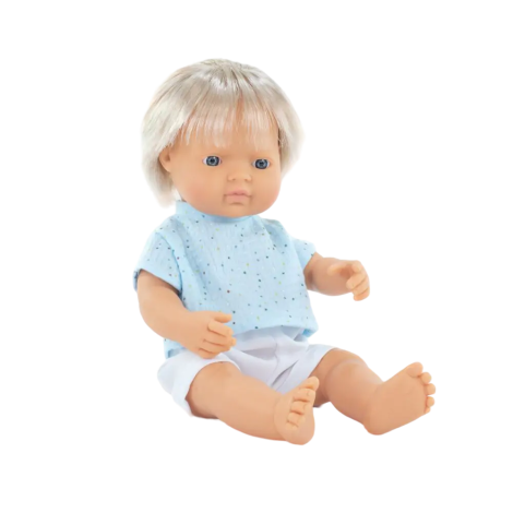 Papusa baiat caucazian blond 38 cm cu tricoul bleu, corp parfumat, colectia My Friends and Me - poza 1