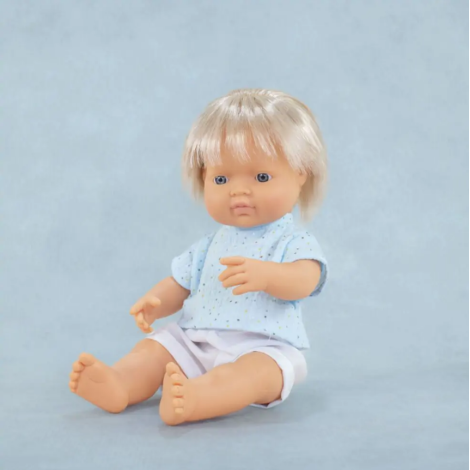 Papusa baiat caucazian blond 38 cm cu tricoul bleu, corp parfumat, colectia My Friends and Me - poza 2