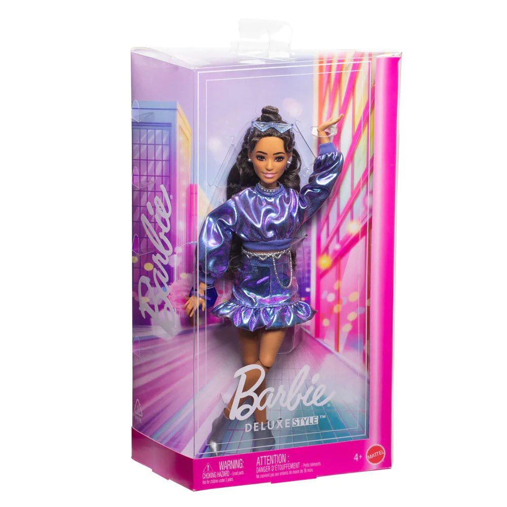 Papusa Barbie Deluxe Style cu tinuta albastra stralucitoare si par castaniu - poza 4