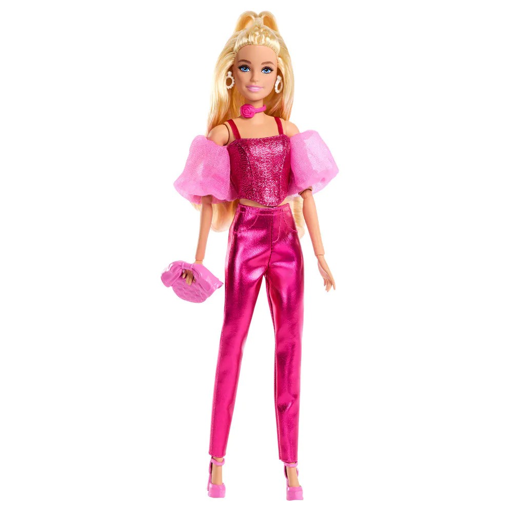 Papusa Barbie Deluxe Style cu tinuta roz cu efect metalic si par blond - poza 1
