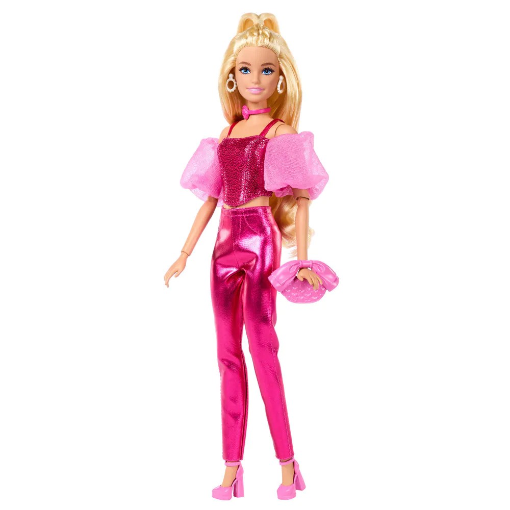 Papusa Barbie Deluxe Style cu tinuta roz cu efect metalic si par blond - poza 3