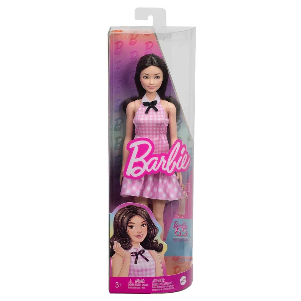 Papusa Barbie Fashionista cu rochie roz in carouri - poza 2