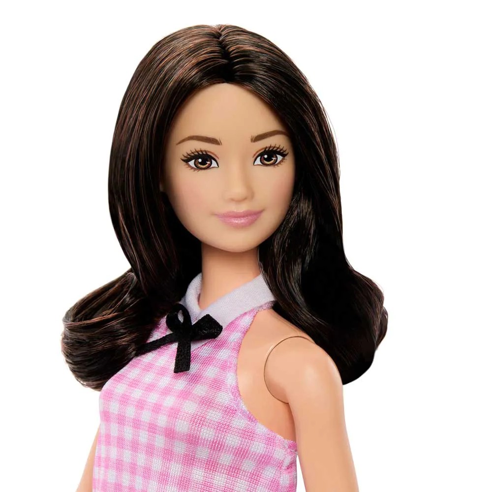 Papusa Barbie Fashionista cu rochie roz in carouri - poza 4