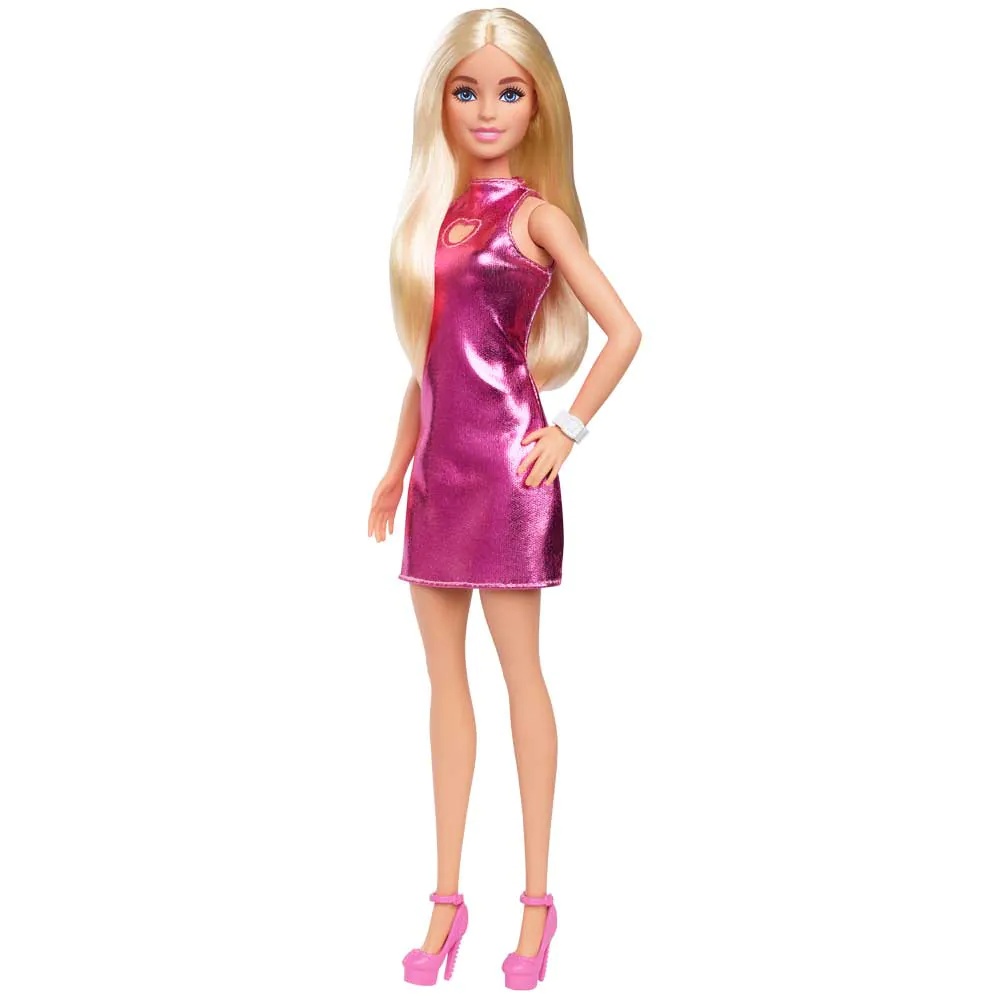Papusa Barbie Fashionista cu rochie roz metalica - poza 1