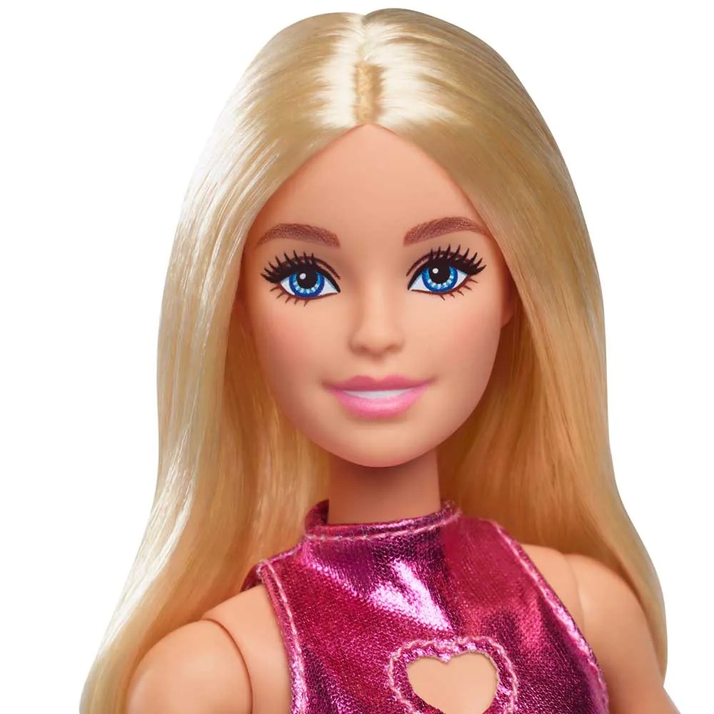 Papusa Barbie Fashionista cu rochie roz metalica - poza 2