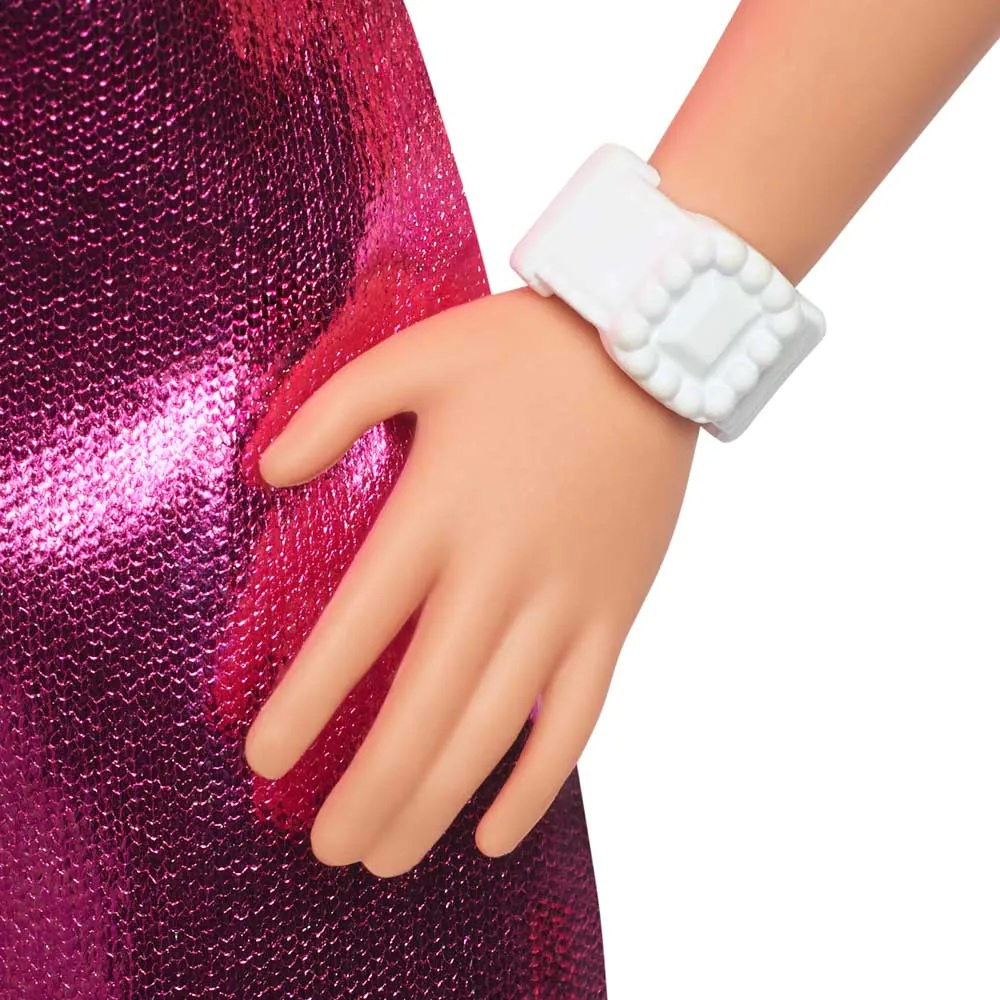 Papusa Barbie Fashionista cu rochie roz metalica - poza 3