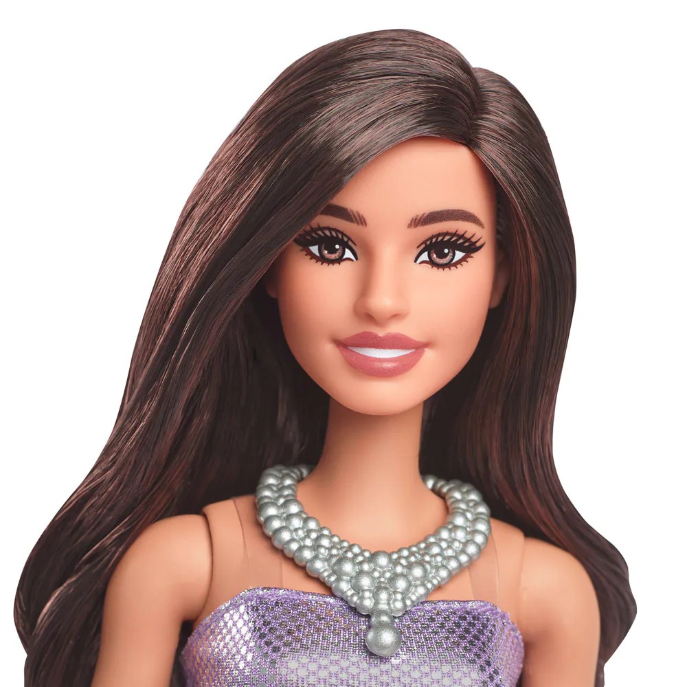 Papusa Barbie Fashionistas cu par castaniu si rochie violet - poza 3